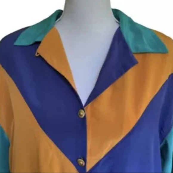 Vtg 80s Top 100% Silk Color Block Blouse Gold Buttons Shoulder Pads Size L - Picture 7 of 10